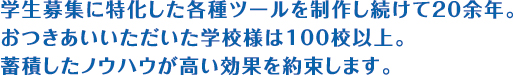 学生募集に特化した各種ツールを制作し続けて20余年。おつきあいいただいた学校様は100校以上。蓄積したノウハウが高い効果を約束します。